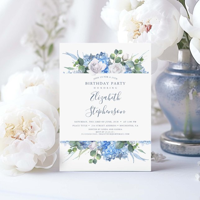Invitación Dusty Blue Floral Greeneration Moderno Cumpleaños (Dusty Blue Birthday Invitations)