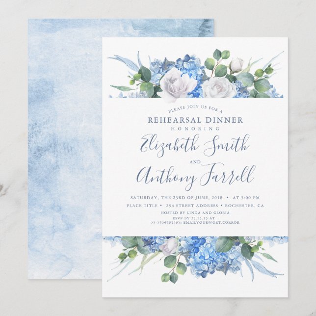 Invitación Dusty Blue Floral Greeneration Rehearsal Dinner (Anverso / Reverso)