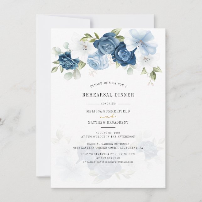 Invitación Dusty Blue Floral Greeneration Rehearsal Dinner (Anverso)