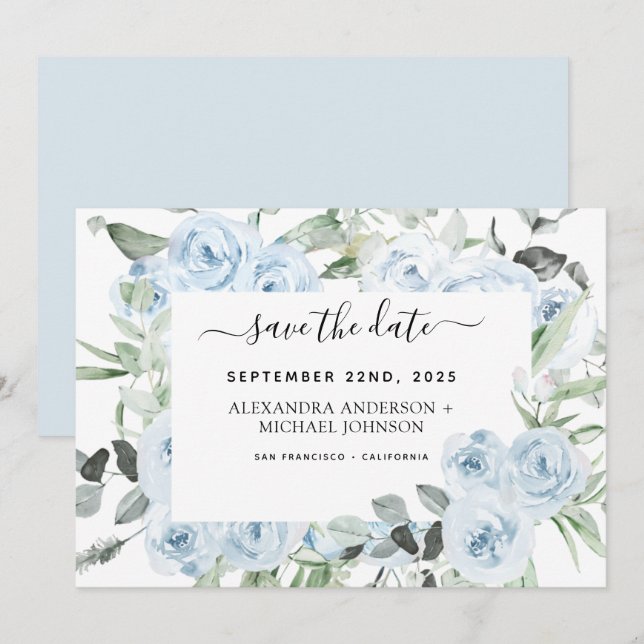 Invitación Dusty Blue Floral Greeneration Save the Date (Anverso / Reverso)