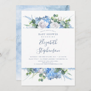 Invitación Dusty Blue Floral Greenery Baby Shower moderno