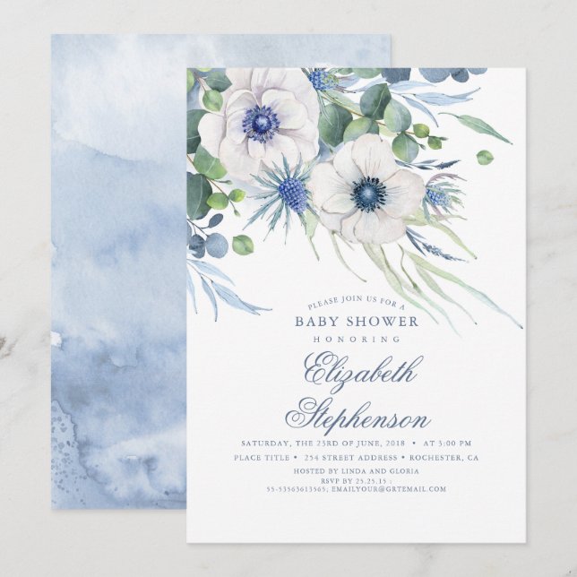 Invitación Dusty Blue Floral Greenery Baby Shower moderno (Anverso / Reverso)