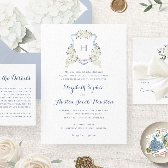 Invitación Dusty Blue Floral Greenery Monogram Crest Wedding  (Subido por el creador)