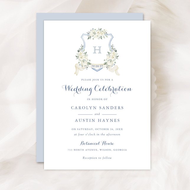 Invitación Dusty Blue Floral Greenery Monogram Crest Wedding (Subido por el creador)