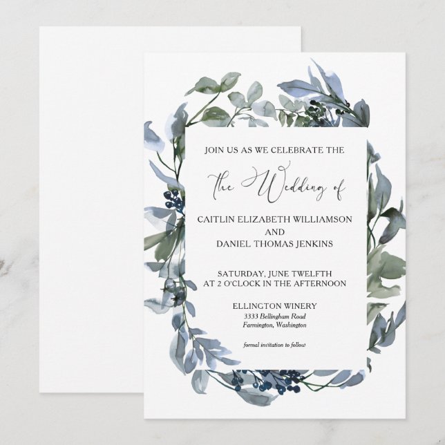 Invitación Dusty Blue Floral Greenery Wreath Boda (Anverso / Reverso)