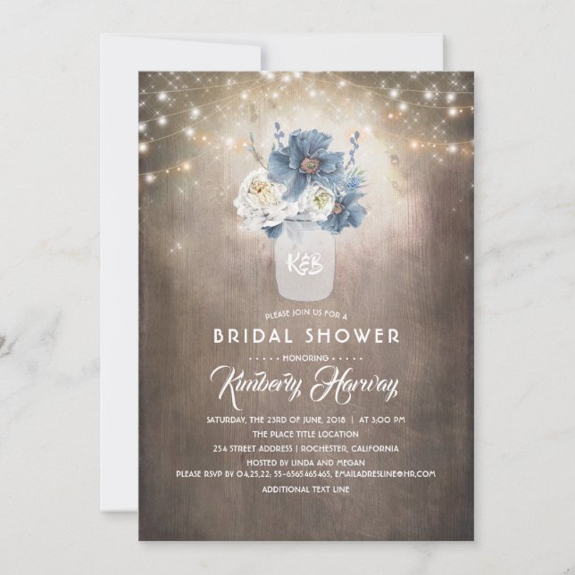 Invitación Dusty Blue Floral Mason Jar Rustic Bridal Shower (Anverso)