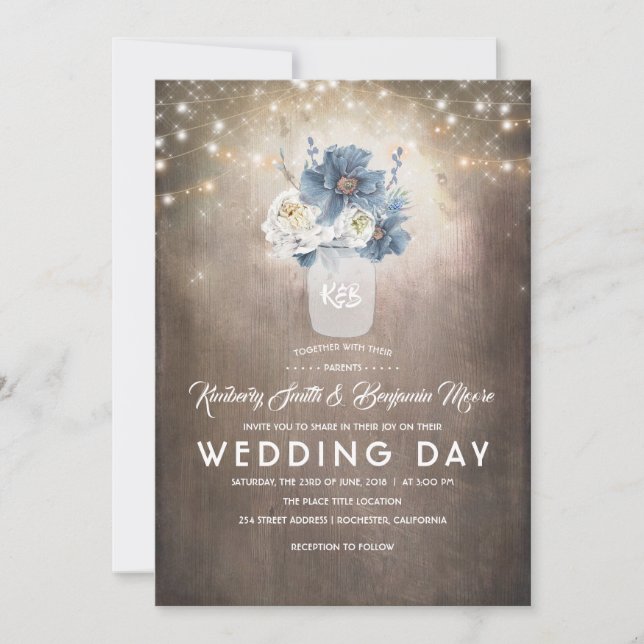 Invitación Dusty Blue Floral Mason Jar Rustic Country Wedding (Anverso)