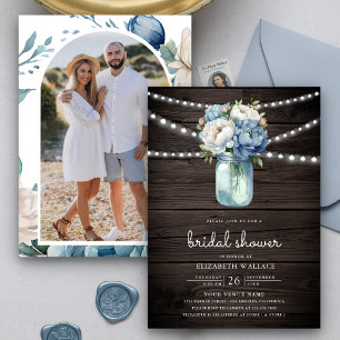 Invitación Dusty Blue Floral Mason Jar Wood Bridal Shower