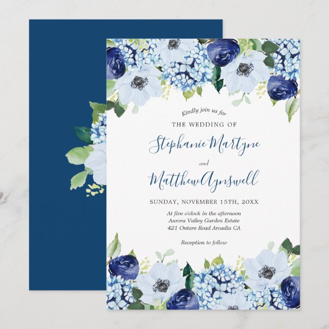 Invitación Dusty Blue Floral Moderno Boda de acuarela (Anverso / Reverso)