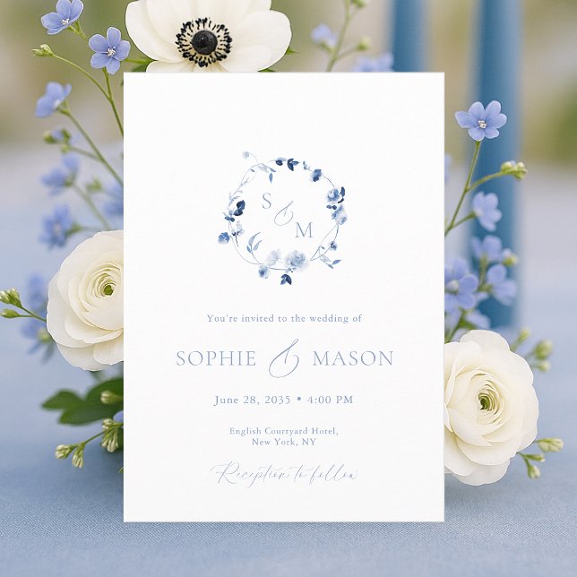Invitación Dusty Blue Floral Monogram Wedding Invitation  (Subido por el creador)
