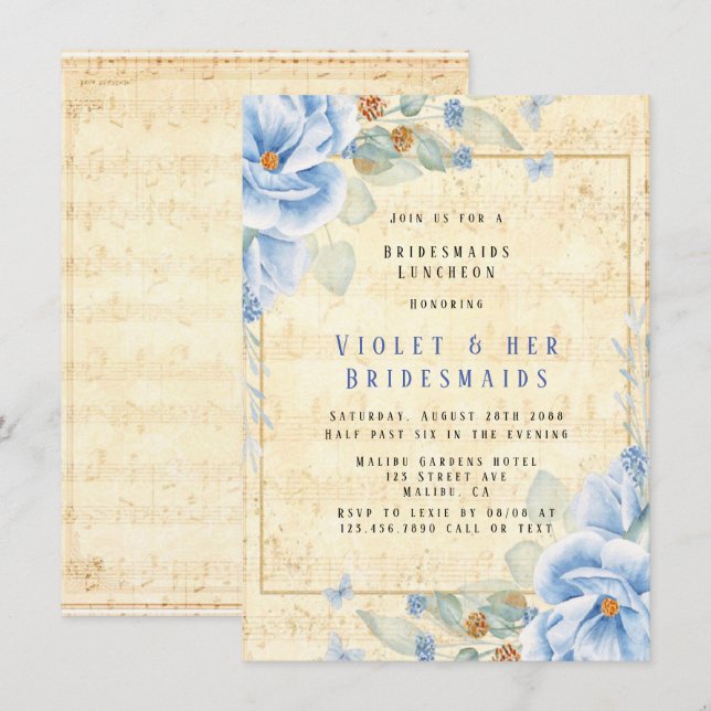 Invitación Dusty Blue Floral Musical Bridesmaids Luncheon (Anverso / Reverso)