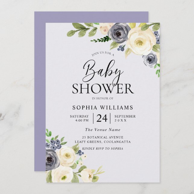 Invitación Dusty Blue Floral Navy Boys Baby Shower (Anverso / Reverso)