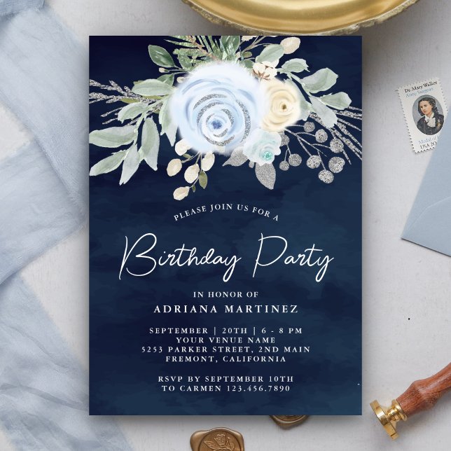 Invitación Dusty Blue Floral Navy fiesta de cumpleaños azul (Subido por el creador)