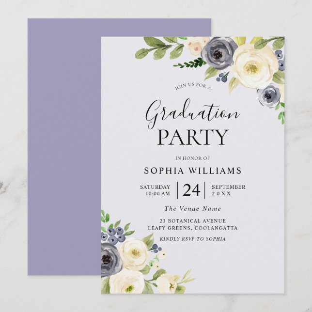 Invitación Dusty Blue Floral Navy Graduation Party (Anverso / Reverso)