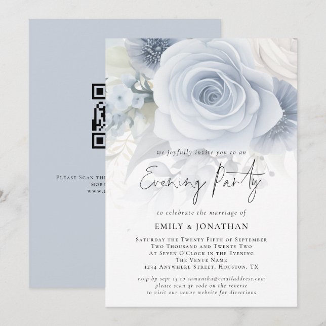 Invitación Dusty Blue Floral Overlay QR Boda Fiesta nocturno (Anverso / Reverso)