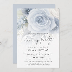 Invitación Dusty Blue Floral Overlay QR Boda Fiesta nocturno