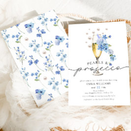 Invitación Dusty Blue Floral Pearls & Prosecco Bridal Shower