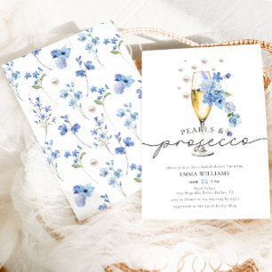 Invitación Dusty Blue Floral Pearls & Prosecco Bridal Shower