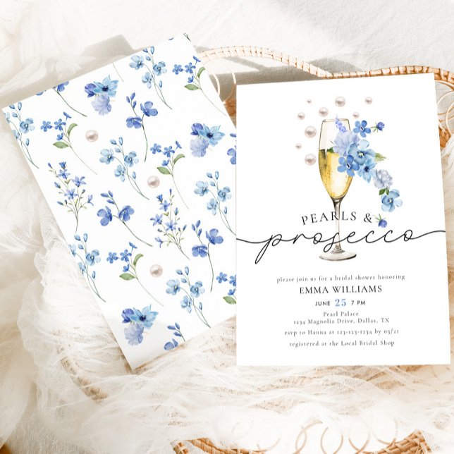 Invitación Dusty Blue Floral Pearls & Prosecco Bridal Shower (Subido por el creador)