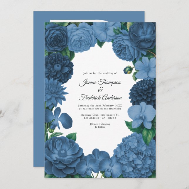 Invitación Dusty Blue Floral Photo and QR Code Wedding (Anverso / Reverso)