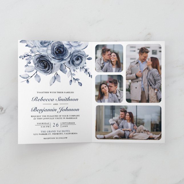 Invitación Dusty Blue Floral Photo Collage QR Code Wedding (Interior)