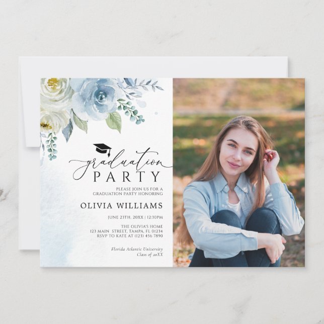 Invitación Dusty Blue Floral Photo Graduation Party (Anverso)