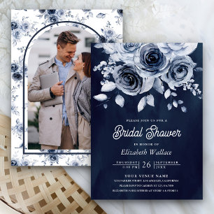 Invitación Dusty Blue Floral Photo Navy Bridal Shower
