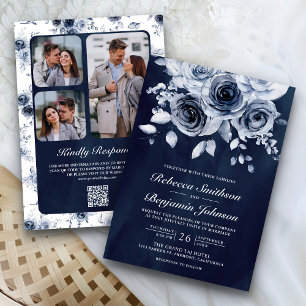 Invitación Dusty Blue Floral Photo QR Code Boda de la Marina
