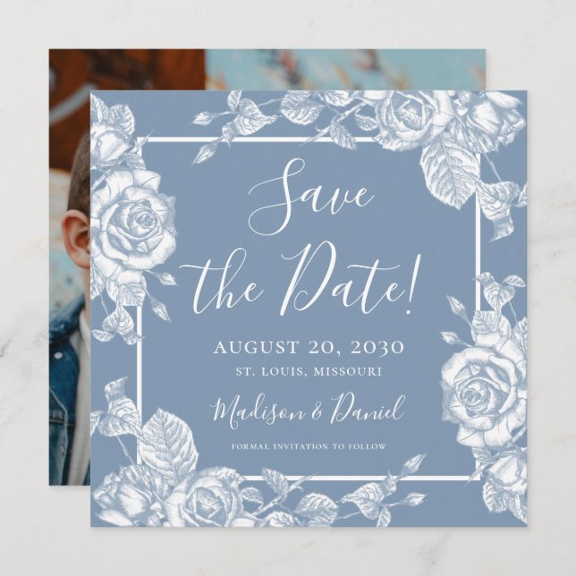 Invitación Dusty Blue Floral Photo Save the Date (Anverso / Reverso)