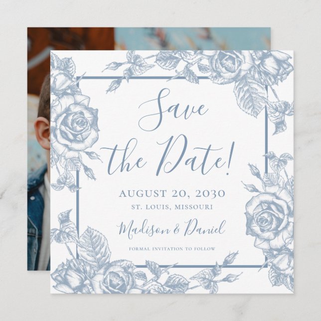 Invitación Dusty Blue Floral Photo Save the Date (Anverso / Reverso)