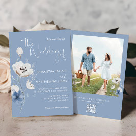 Invitación Dusty Blue Floral QR Code RSVP Photo Boda