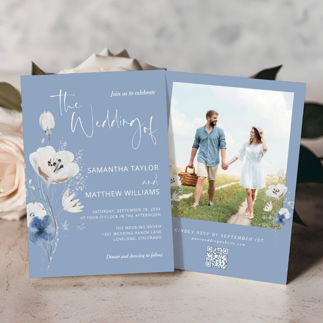 Invitación Dusty Blue Floral QR Code RSVP Photo Boda (Subido por el creador)