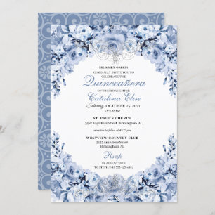Invitación Dusty Blue Floral Quinceanera Cumpleaños