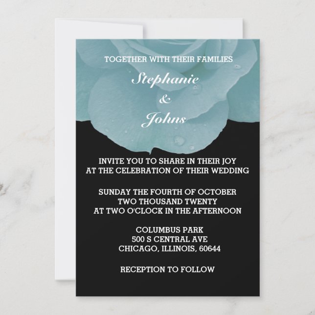 Invitación Dusty Blue Floral Rosa Guay blanco negro Boda (Anverso)