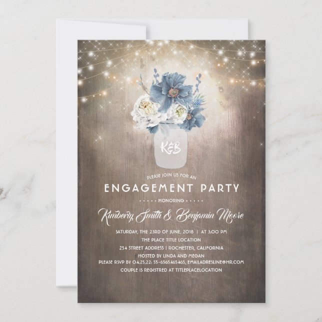 Invitación Dusty Blue Floral Rustic Engagement Party (Anverso)