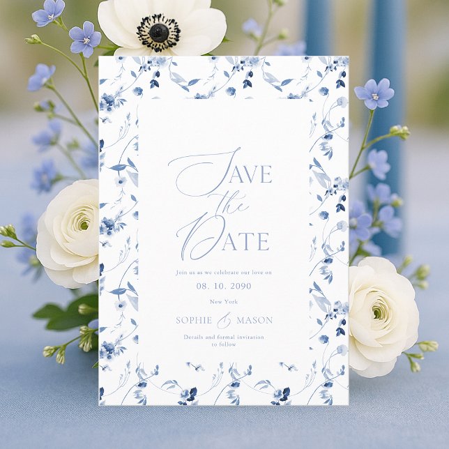 Invitación Dusty Blue Floral Save the Date Card (Subido por el creador)
