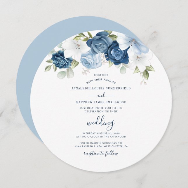 Invitación Dusty Blue Floral Script Boda moderno (Anverso / Reverso)