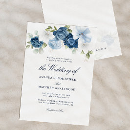 Invitación Dusty Blue Floral Script Elegante Boda