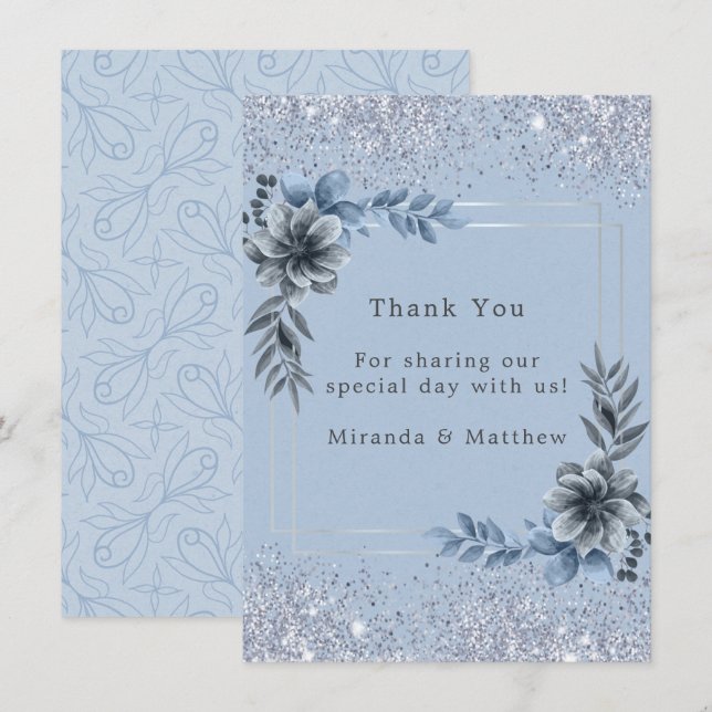 Invitación Dusty Blue Floral Silver Boda Gracias (Anverso / Reverso)