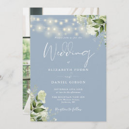 Invitación Dusty Blue Floral String Lights Boda de fotos