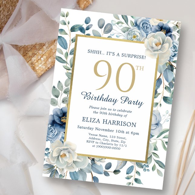 Invitación Dusty Blue Floral Surprise 90º cumpleaños (Subido por el creador)