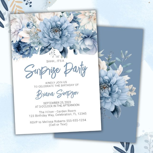 Invitación Dusty Blue Floral Surprise Fiesta de Cumpleaños (Subido por el creador)