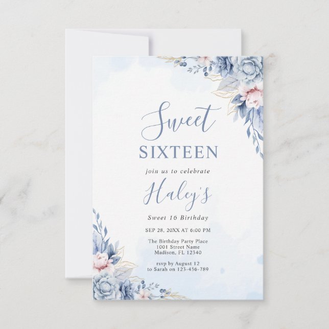 Invitación Dusty Blue Floral Sweet 16 Dieciséis Cumpleaños Pr (Anverso)