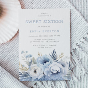 Invitación Dusty Blue Floral Sweet 16 Dieciséis Fiestas