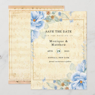 Invitación Dusty Blue Floral Vintage Musical Save The Date