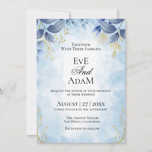 Invitación Dusty Blue Floral Wedding Invite (Anverso)