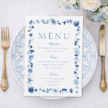 Invitación Dusty Blue Floral Wedding Menu Card<br><div class="desc">Elegant dusty blue floral wedding menu featuring a delicate watercolor botanical frame inspired by romantic garden and estate weddings. The refined layout combines classic serif typography with graceful script accents, creating a timeless and sophisticated presentation for your reception dinner. Soft watercolor flowers in dusty blue tones frame the menu while...</div>