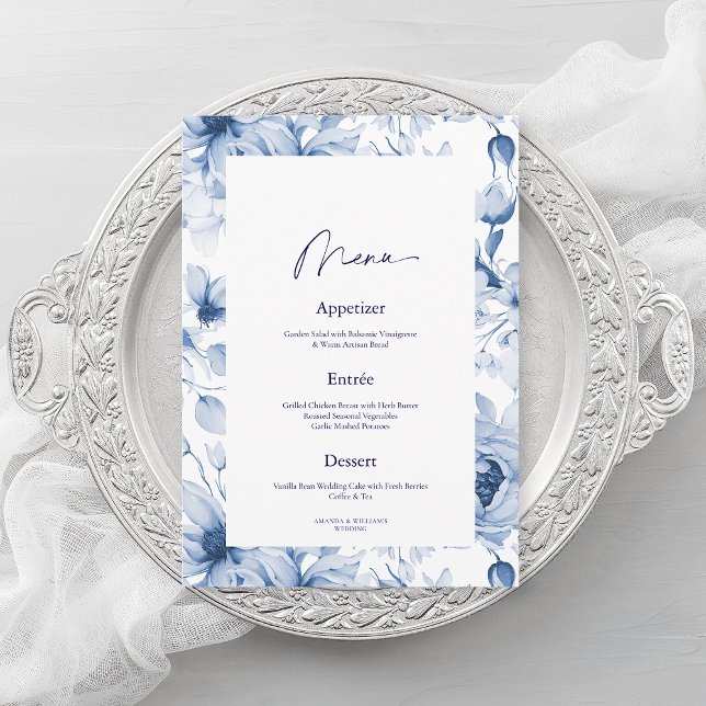 Invitación Dusty Blue Floral Wedding Menu Card (Subido por el creador)