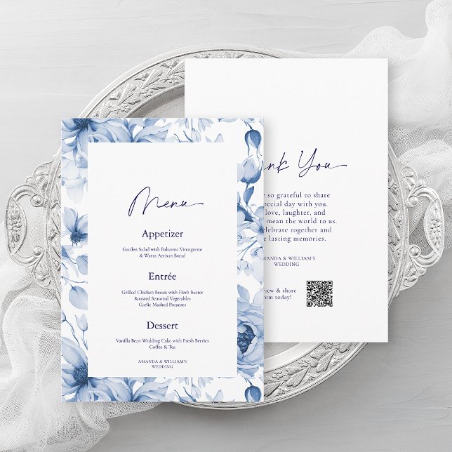 Invitación Dusty Blue Floral Wedding Menu & Thank You Card (Subido por el creador)