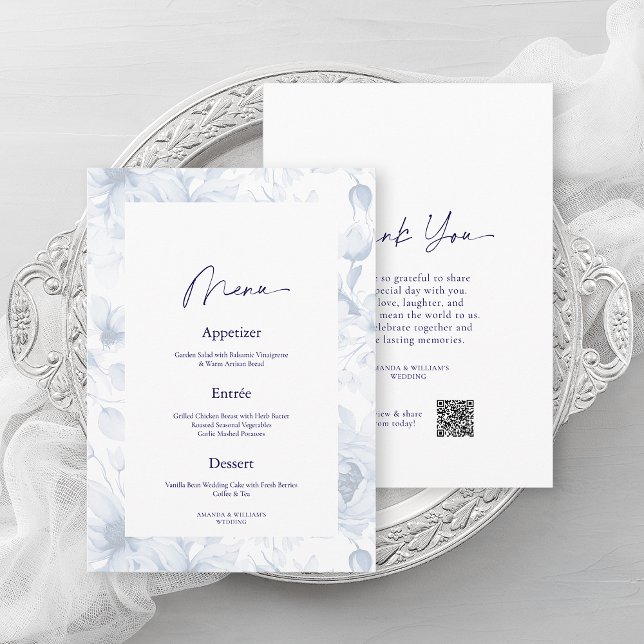 Invitación Dusty Blue Floral Wedding Menu & Thank You Card (Subido por el creador)